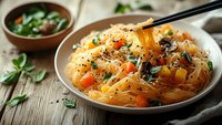 Glass noodles with vegetables and sesame seeds in ceramic bowl on wooden table, chopsticks holding noodles, fresh herbs and sauce on background.