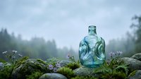 Vintage glass bottle on moss-covered rocks in misty forest landscape with wildflowers and evergreen trees creating atmospheric outdoor scene.