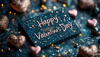 Happy Valentine's Day greeting card surrounded by chocolate hearts and romantic decorations with warm bokeh lights creating festive atmosphere.