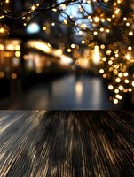 Rustic wooden table with magical bokeh lights background creates dreamy atmosphere for product photography and holiday season displays.