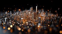 Glowing miniature cityscape with golden skyscrapers and bokeh lights creating magical urban atmosphere at night, modern metropolitan architecture in warm tones.