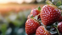 Fresh ripe strawberries with green leaves close up on blurred natural background. Macro shot of juicy red berries in soft sunlight. Organic healthy food.