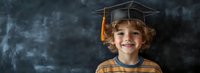 Cheerful young student wearing graduation cap with yellow tassel against dark chalkboard background, curly hair and striped shirt, panoramic education concept.