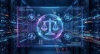 Digital justice concept with glowing scales hologram in futuristic data center for legal technology and cyber law transformation applications.