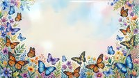 Colorful butterflies and wildflowers create decorative border frame on soft pastel background for spring garden design projects and nature themed layouts.