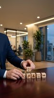 Businessman in navy suit placing wooden block with lightbulb icon among blocks with business symbols on desk in modern office with city skyline view.