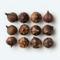 Black fermented garlic bulbs arranged in neat rows on white background, showing natural organic texture and geometric patterns of aged cloves.