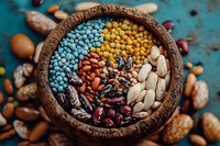 Colorful assortment of legumes and beans in rustic wooden bowl on turquoise background, showcasing diverse plant-based protein sources for healthy cooking.