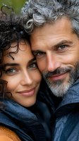 Close-up portrait of mature interracial couple smiling and embracing outdoors on rainy day, showing genuine connection and happiness in casual winter wear.