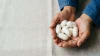 Male hands in denim shirt holding fresh white mushrooms over linen fabric surface. Suitable for food, cooking, agriculture, and organic produce concepts.