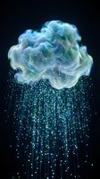 Luminous cloud with glowing rain drops on dark background. Digital art concept for weather, technology, data flow, artificial intelligence and futuristic designs.