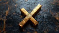 Golden metallic X symbol on dark textured background with rust accents, dramatic lighting creates depth and contrast for modern design and branding applications.