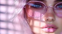 Young Caucasian woman with freckles wearing pink glasses in soft window light with shadow pattern on face, blue eyes and glossy pink lips, beauty portrait.