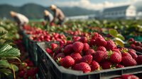 Fresh ripe strawberries in harvest crates with farm workers picking berries in agricultural field during summer season for organic food production.