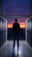 Silhouette of male IT professional standing in modern data center server room during dramatic sunset with purple and orange sky visible through windows.