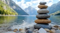Balanced stone cairn stack by serene mountain lake with peaceful water reflections. Meditation, mindfulness and zen concept for wellness and spiritual harmony.
