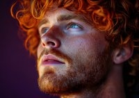 Young Caucasian male with ginger curly hair and beard looking up thoughtfully against purple background, dramatic side lighting creates moody atmospheric portrait.