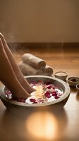 Female feet soaking in stone bowl with rose petals and milk bath, spa relaxation treatment with rolled towels and wellness products on wooden floor.