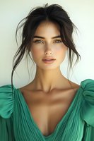 Young Mediterranean woman with messy updo hairstyle and natural makeup wearing emerald green pleated dress with plunging neckline against light background.