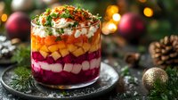 Festive layered vegetable salad with herring, beets, carrots, potatoes and mayonnaise in glass. Traditional holiday appetizer with Christmas decorations.