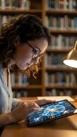 Young woman with curly auburn hair and glasses studying artificial intelligence interface on tablet in library setting with bookshelves and desk lamp for education and technology concepts.