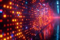 Glowing red and orange light dots pattern with blue accents creating futuristic technology background effect, abstract digital matrix visualization for tech concepts.
