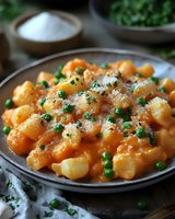 Homemade gnocchi with tomato sauce, green peas and parmesan cheese served in rustic bowl on wooden table for Italian cuisine cooking and dining.