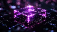 Glowing purple cube with light particles and bokeh effects on dark background creates futuristic technological atmosphere for digital art and sci-fi designs.