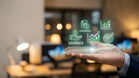 Businessman hand holding digital hologram with financial icons including expenses, savings, and growth charts for business planning and investment strategy.
