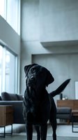 Black labrador retriever dog standing in modern living room with large windows and contemporary furniture for pet lifestyle content.