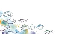 Watercolor fish swimming in colorful splashes with line art style on white background for marine themed designs and aquatic projects.