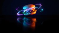 Glowing neon hamburger with electric orbital rings on dark reflective surface. Futuristic fast food concept with vibrant blue and orange lighting effects.