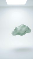 Floating green cloud-like organic form in minimalist white gallery space with natural skylight for contemporary art and design concepts.