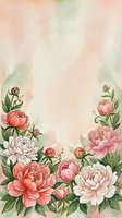 Watercolor peony flowers frame with soft pink and coral blooms on textured background for wedding invitations and romantic designs.
