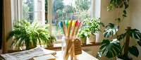 Colorful bamboo toothbrushes in glass jar on wooden table surrounded by green houseplants in bright natural kitchen interior for eco-friendly lifestyle.