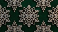 Elegant wooden snowflake ornaments on green background creating festive winter holiday pattern for seasonal decorations and Christmas crafts.