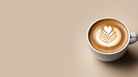 Latte art tulip pattern in creamy coffee foam on beige background with copy space, minimalist coffee shop presentation for menu and social media.