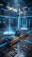Digital justice scales on futuristic circuit board with glowing blue lights representing legal technology, cyber law, and artificial intelligence in jurisprudence.