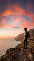 Female hiker with backpack standing on rocky cliff overlooking ocean at sunset, watching dramatic orange and pink sky. Adventure travel and outdoor exploration concept.