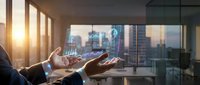 Businessman holding digital hologram above hands with city skyline view from office window at sunset, representing technology and innovation.