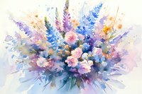 Delicate watercolor bouquet featuring pink roses, purple lupines and blue delphiniums with soft splashes and flowing brushstrokes on light background. Romantic floral art.