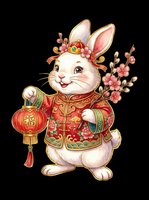 Cute white rabbit in traditional red festive outfit holding a lantern and cherry blossoms, isolated on transparent background, for stickers, clipart, and t-shirt design.