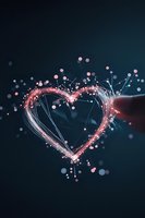 Glowing heart shape formed by luminous pink and blue light trails against dark background, with sparkling particles creating romantic atmosphere.