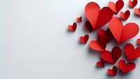 Red paper hearts scattered on white background with copy space for Valentine's Day romantic greeting cards and love messages.