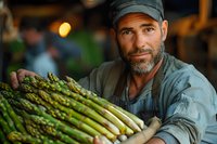 Caucasian male farmer in workwear holding fresh green asparagus harvest. Agricultural worker with stubble beard displaying organic produce in natural lighting.
