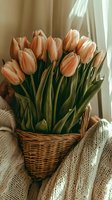 Fresh peach-colored tulips in wicker basket against soft knit blanket, natural window light creating cozy spring atmosphere for home decor and lifestyle content.