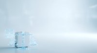 Transparent glass bottles with geometric shapes and digital network connections on white background, representing skincare, cosmetics, or technology product packaging and innovation.