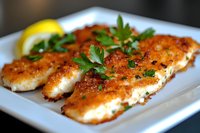 Pan seared white fish fillets garnished with fresh parsley and lemon on white plate, golden brown crispy crust, close up view of seafood dinner preparation.