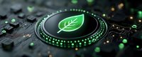 Green glowing leaf icon on black circuit board with neon dots and digital elements, representing eco technology and sustainable innovation concept.