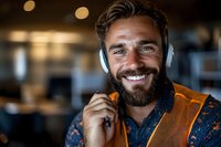 Smiling bearded Caucasian male worker in orange safety vest and headset looking at camera. Professional portrait with blurred office background and bokeh lights.